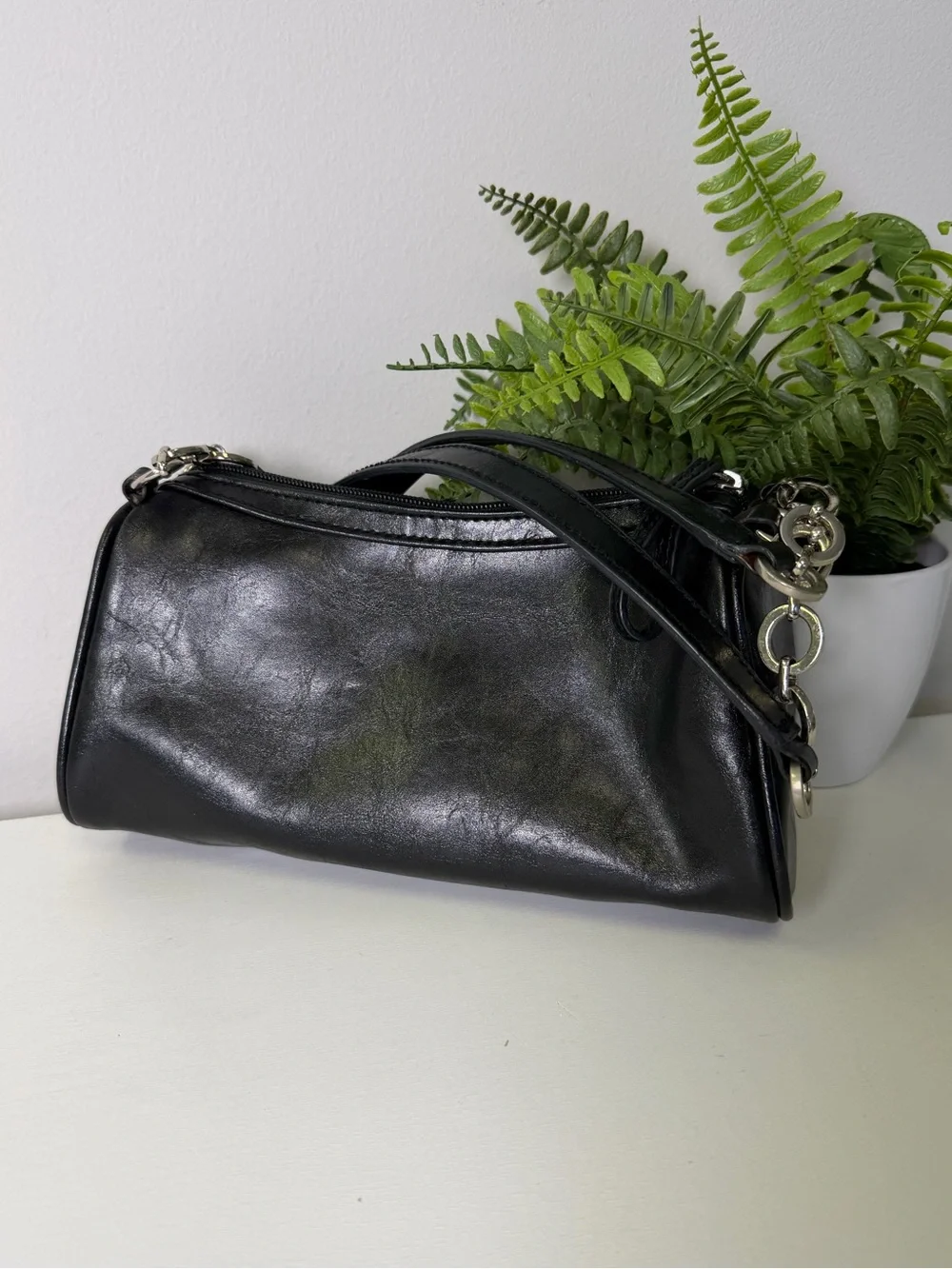 Black Faux Leather with Silver tone Chain-Accent Shoulder Bag